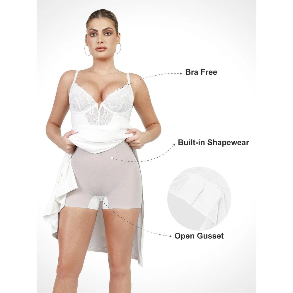Popilush Built-In Shapewear Slip Dress Women XXL Ivory NEW Lace Trim Maxi Slit - Picture 4 of 13